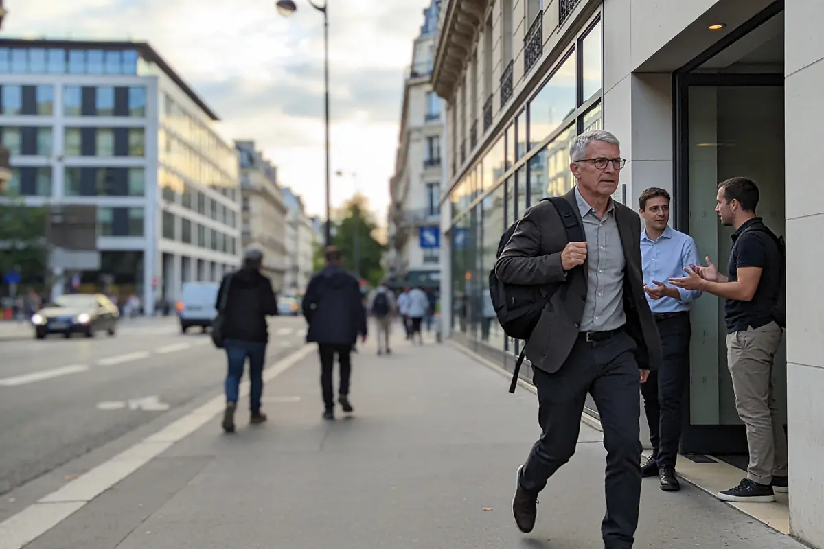 Homme marchant sur un trottoir en ville au crépuscule, bâtiments modernes et passants en arrière-plan.