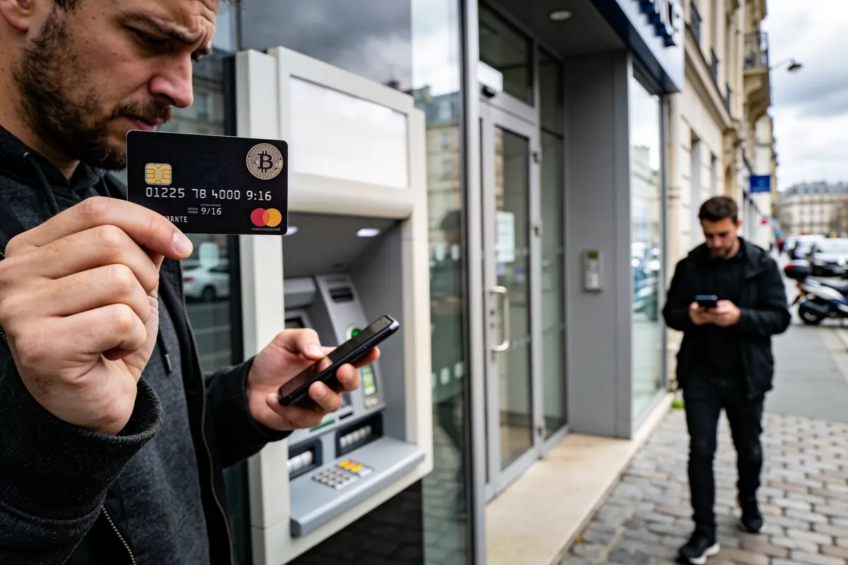 Deux hommes utilisant des smartphones près d'un distributeur, l'un tenant une carte bancaire Bitcoin Mastercard.