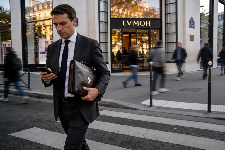 Homme en costume, tenant étui Louis Vuitton, marchant devant magasin, téléphone en main.