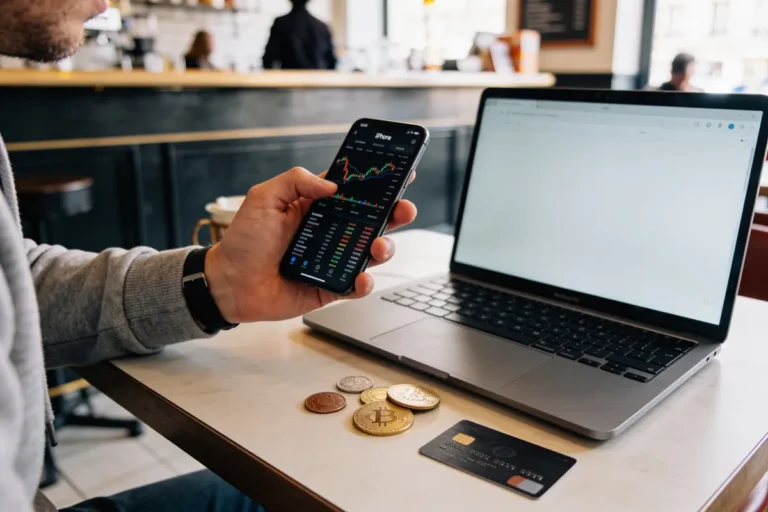 Personne vérifiant des graphiques de cryptomonnaies sur smartphone, avec laptop, pièces Bitcoin et carte bancaire.