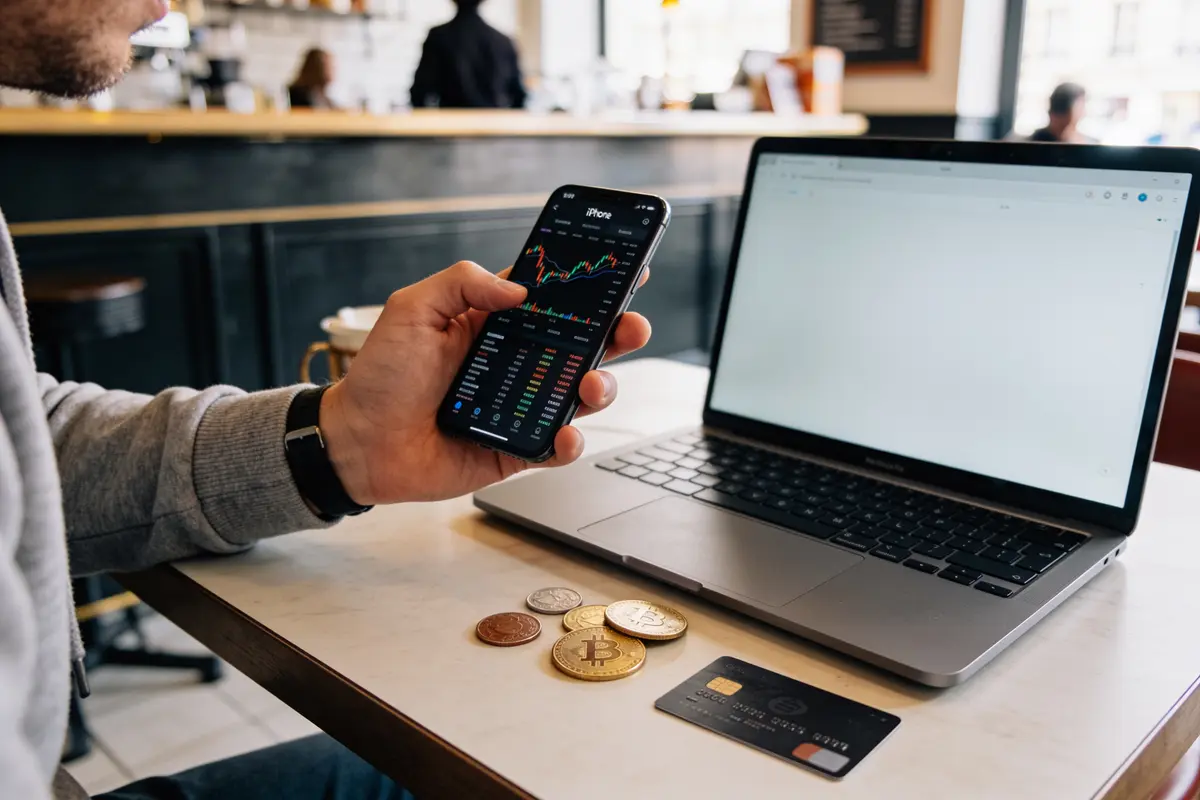 Personne vérifiant des graphiques de cryptomonnaies sur smartphone, avec laptop, pièces Bitcoin et carte bancaire.