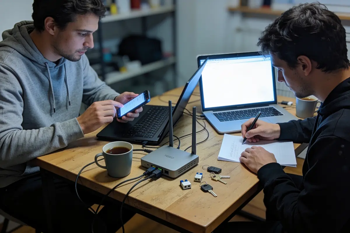 Deux hommes travaillent sur ordinateurs, smartphones; des clés USB, clés physiques et café sur la table.