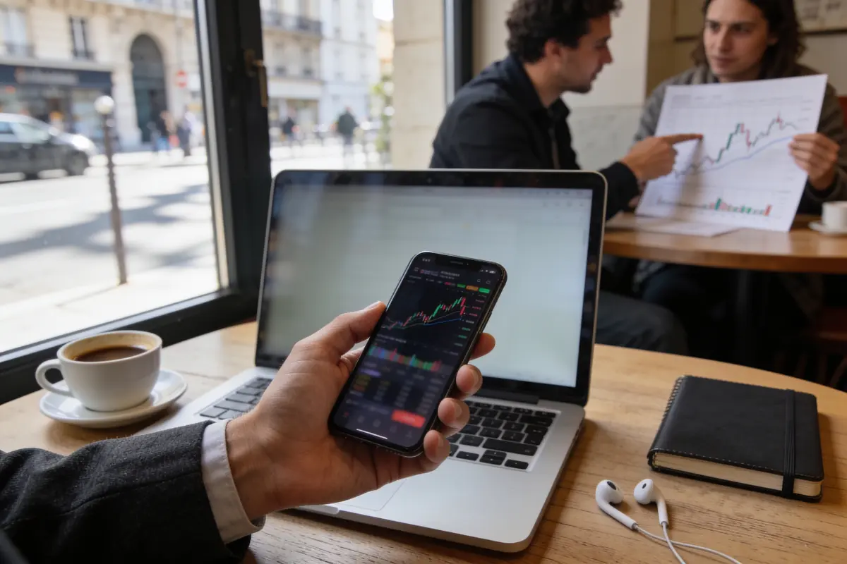 Personne vérifiant des graphiques financiers sur smartphone et ordinateur portable dans un café, discussion en arrière-plan.