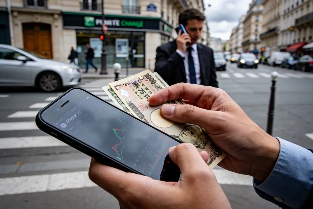 Main tenant un smartphone affichant des graphiques financiers et des billets devant une rue urbaine.