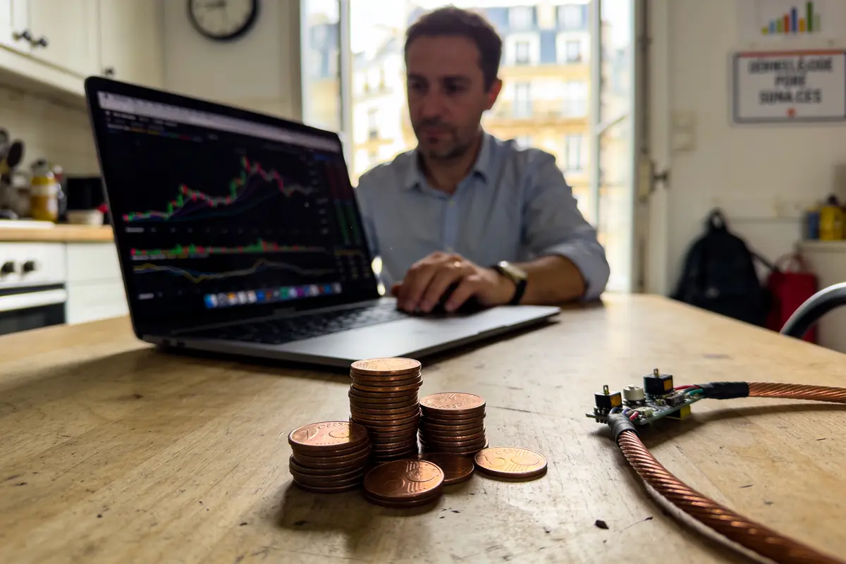 Homme travaillant sur un ordinateur portable avec graphique boursier, pièces de monnaie et circuit électronique sur la table.