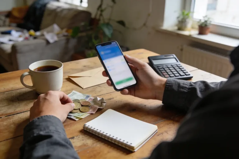 Personne utilisant un smartphone avec une calculatrice, argent, tasse de café et carnet sur une table en bois.