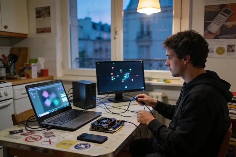 Un homme travaille sur un ordinateur portable et un écran avec des graphiques colorés dans une cuisine.