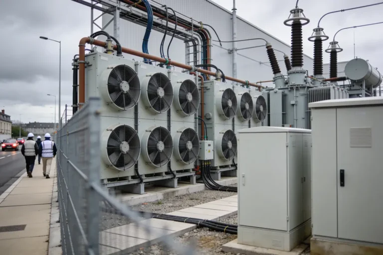 Installation électrique avec ventilateurs industriels, boîtiers, câbles. Deux personnes marchent sur le trottoir. Temps nuageux.