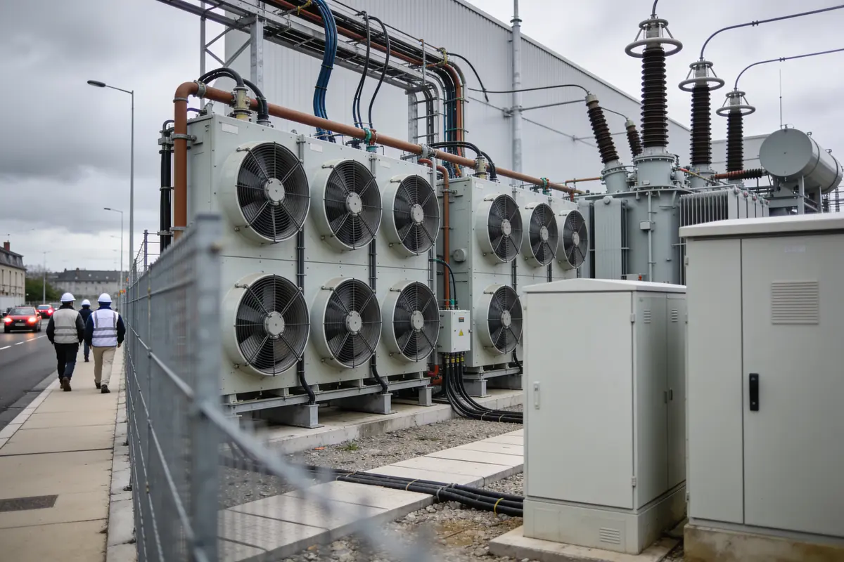 Installation électrique avec ventilateurs industriels, boîtiers, câbles. Deux personnes marchent sur le trottoir. Temps nuageux.