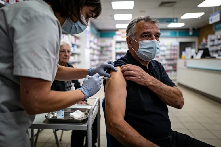 Un homme recevant une injection par une professionnelle de santé masquée dans une pharmacie.