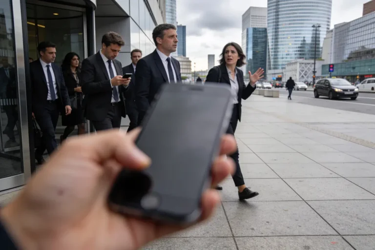 Groupe de personnes en costumes marchant sur un trottoir, téléphone flou au premier plan, immeubles en arrière-plan.