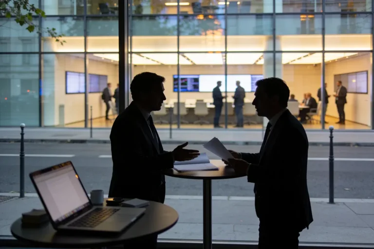 Deux hommes discutent, silhouettes sombres, devant des bureaux vitrés illuminés, table avec ordinateur portable et document.