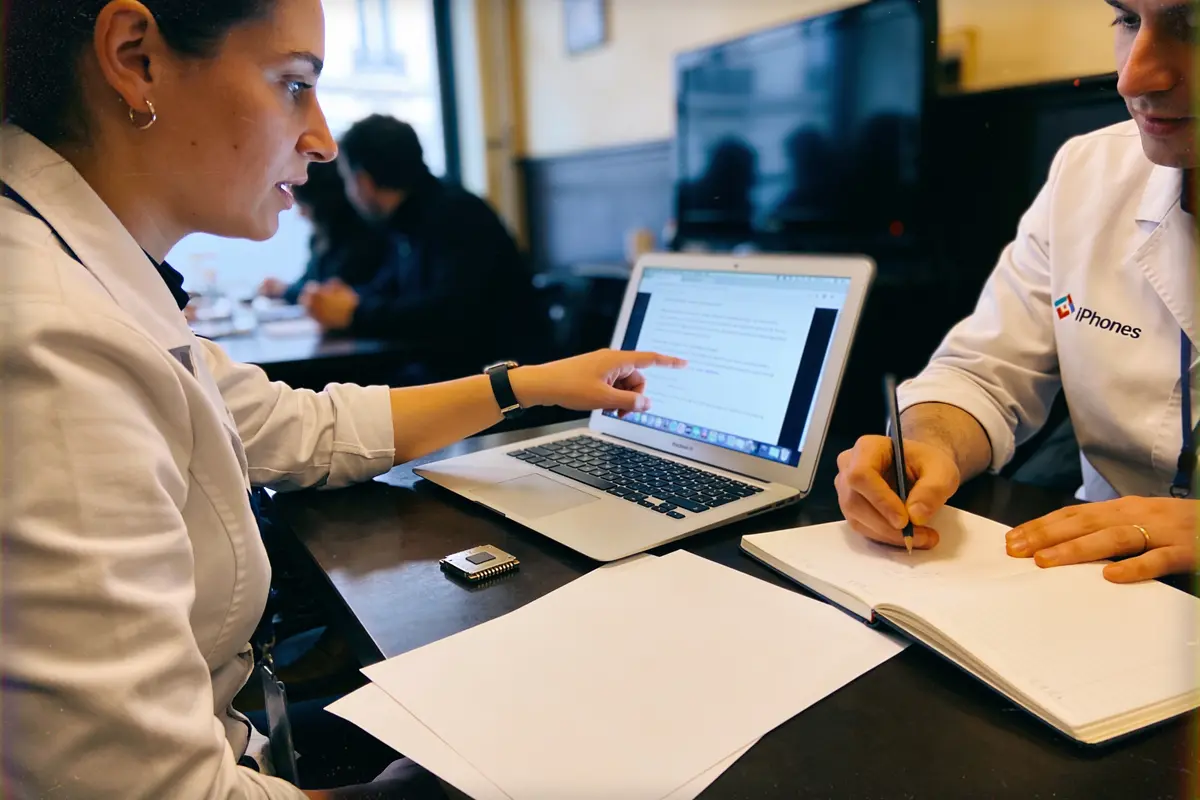 Deux personnes discutant devant un ordinateur portable, prenant des notes, dans un environnement de bureau.