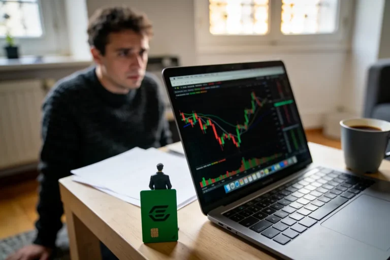 Homme concentré observe graphiques financiers sur un ordinateur portable, café à côté, symbolisant l'analyse boursière.