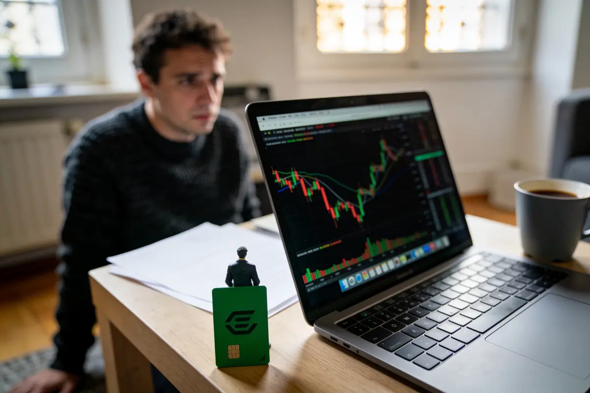 Homme concentré observe graphiques financiers sur un ordinateur portable, café à côté, symbolisant l'analyse boursière.
