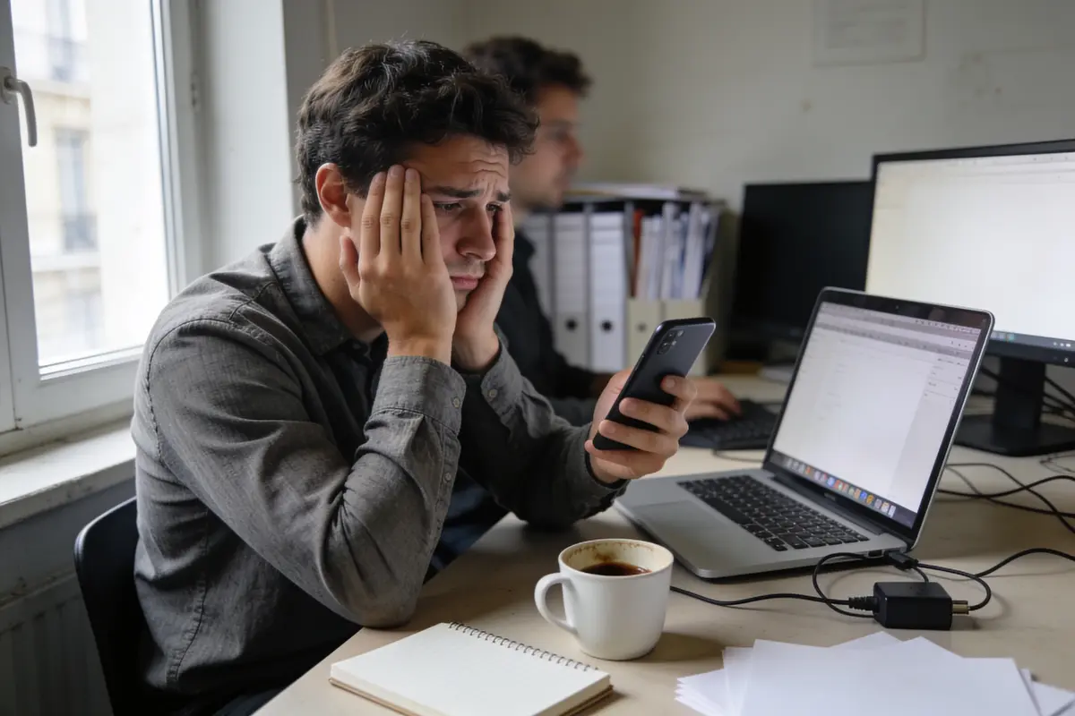 Homme préoccupé regarde son téléphone, assis à un bureau, ordinateur portable, tasse de café, documents.