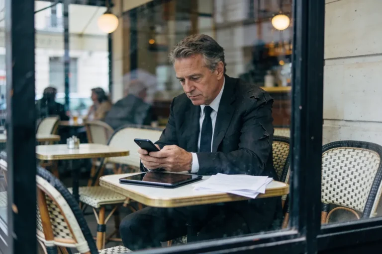 Homme en costume consulte son téléphone dans un café, documents et tablette sur la table.