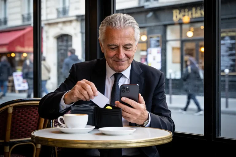 Homme en costume consultant téléphone dans un café, carte de crédit à la main, table ronde, rue parisienne derrière.