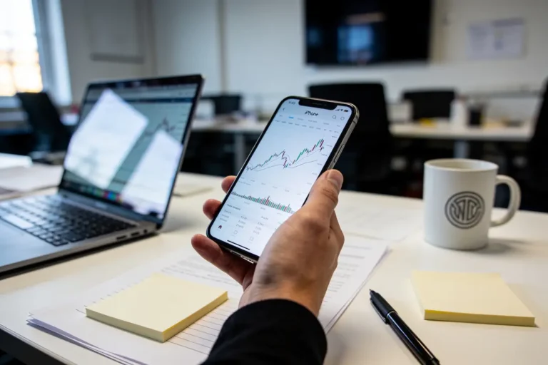 Personne tenant un smartphone affichant un graphique boursier, bureau avec ordinateur portable, cahiers, tasse et stylo.
