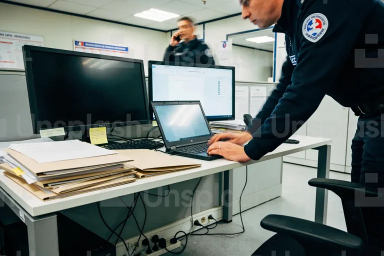 Deux policiers travaillant au bureau, un sur ordinateur portable, l'autre téléphone, dossiers sur le bureau.