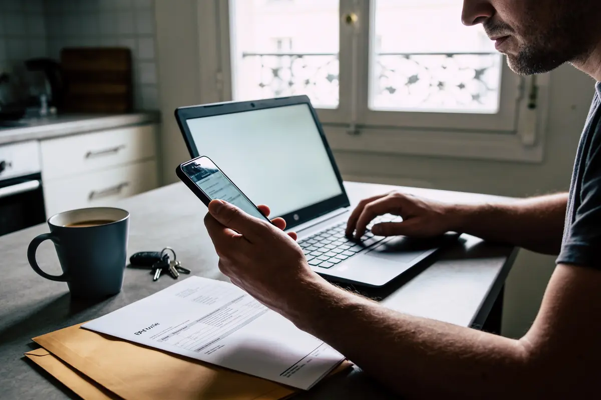 Homme utilisant ordinateur portable et smartphone à table avec café, papiers et clés.