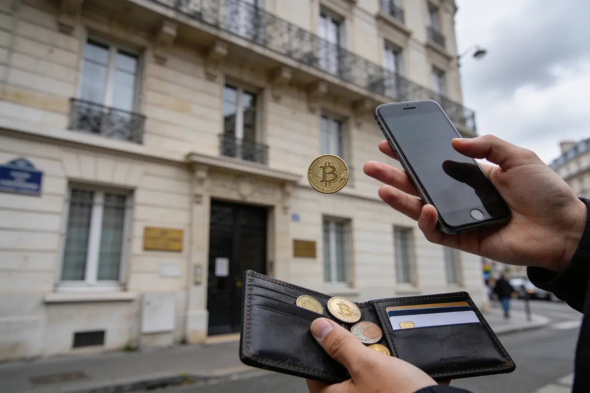 Personne tenant un smartphone, un portefeuille, et une pièce Bitcoin devant un bâtiment parisien.