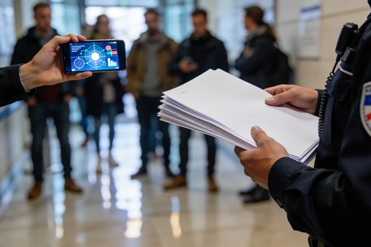 Personne en tenue officielle tenant des documents, autre personne montrant graphiques sur smartphone. Groupe flou en arrière-plan.