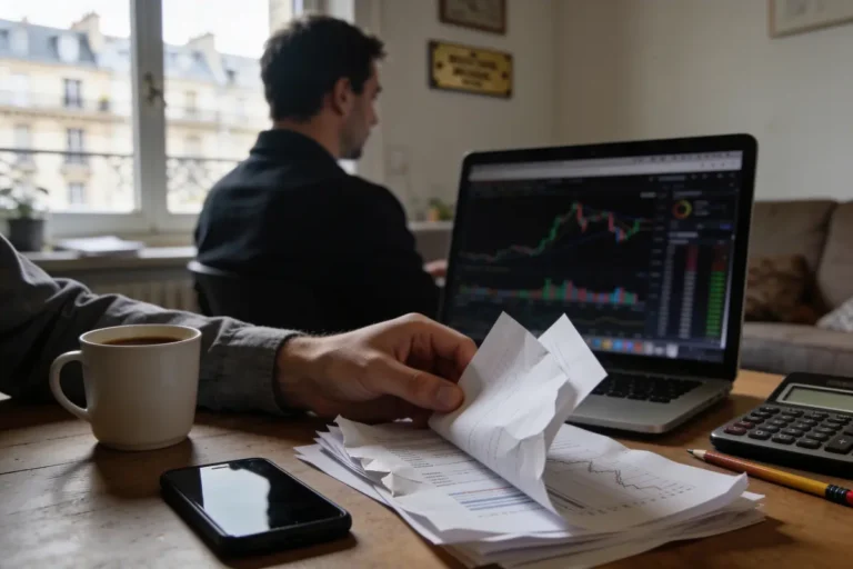 Personne travaillant à domicile avec ordinateur, documents financiers, téléphone et tasse de café. Calculatrice et stylo visibles.