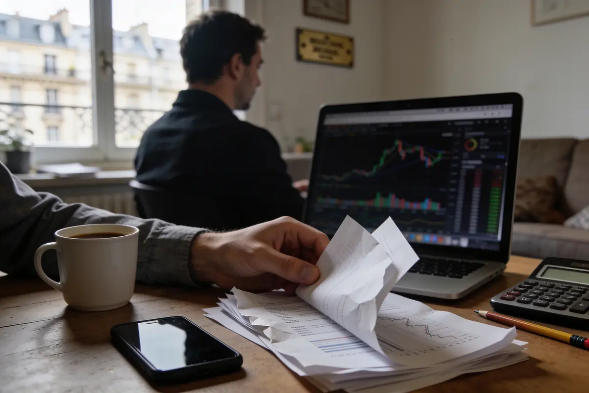 Personne travaillant à domicile avec ordinateur, documents financiers, téléphone et tasse de café. Calculatrice et stylo visibles.