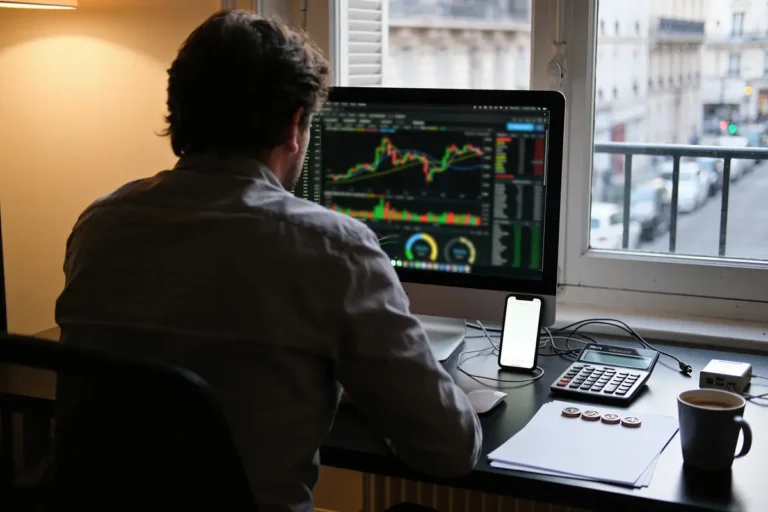 Homme travaillant sur ordinateur avec graphiques boursiers, téléphone, calculatrice, tasse et feuilles, près d'une fenêtre.