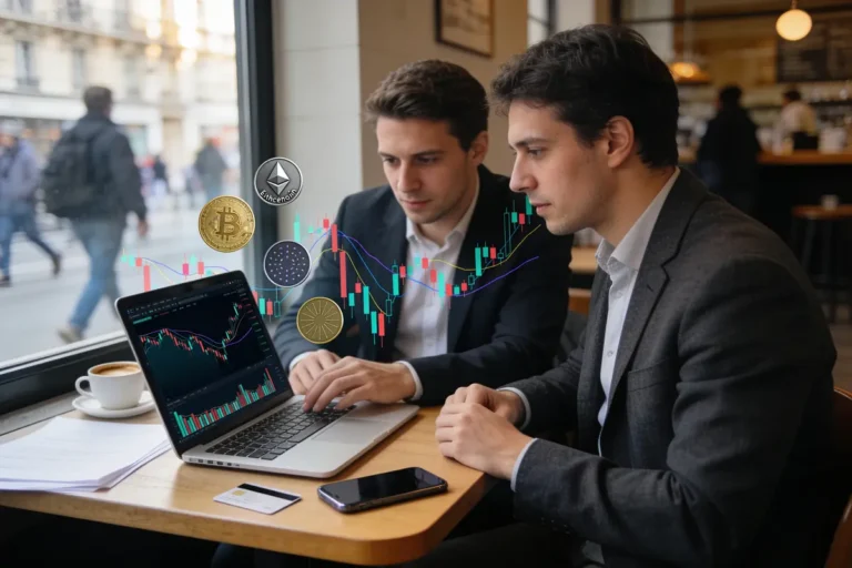 Deux hommes en costumes analysent des cryptomonnaies sur un ordinateur portable dans un café, graphiques visibles.