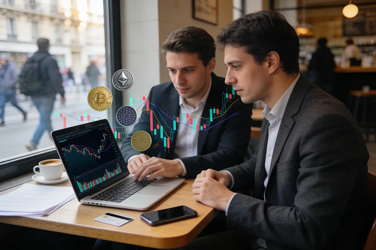 Deux hommes en costumes analysent des cryptomonnaies sur un ordinateur portable dans un café, graphiques visibles.