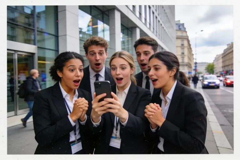 Cinq personnes en costumes regardant un téléphone, montrant surprise et excitation, en extérieur urbain.