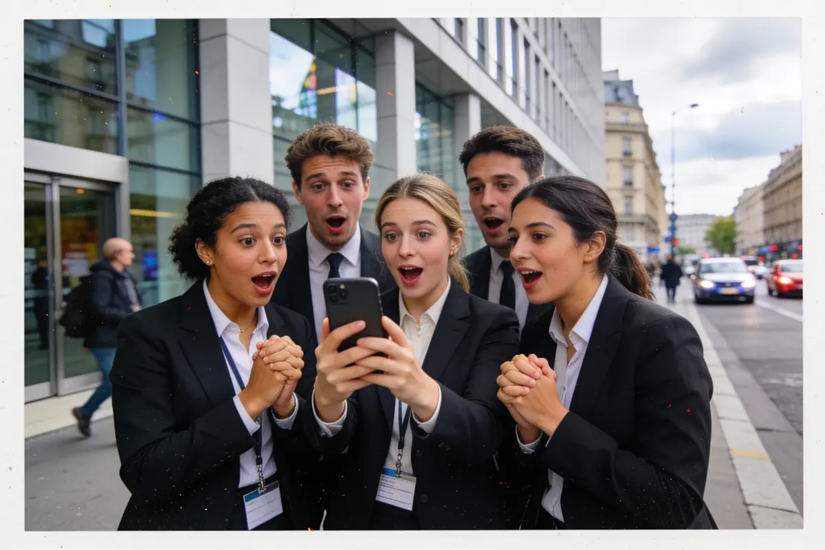 Cinq personnes en costumes regardant un téléphone, montrant surprise et excitation, en extérieur urbain.