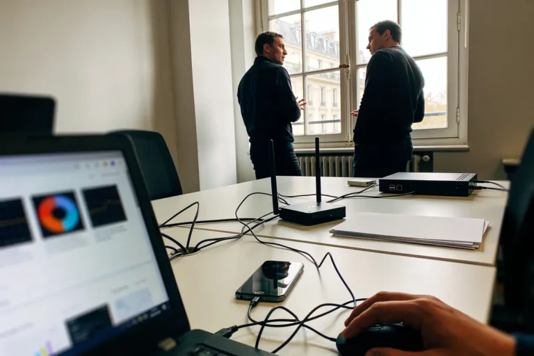 Deux personnes discutent près d'une fenêtre, avec ordinateur portable et routeur sur la table. Bureau lumineux.