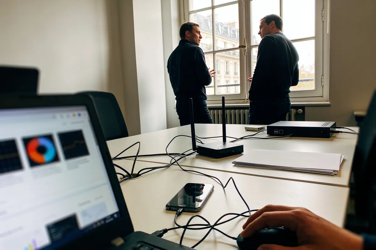Deux personnes discutent près d'une fenêtre, avec ordinateur portable et routeur sur la table. Bureau lumineux.