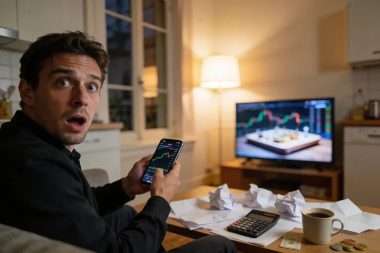 Homme surpris tenant smartphone avec graphiques financiers, télévision affichant données similaires, papiers froissés, calculatrice, tasse café.