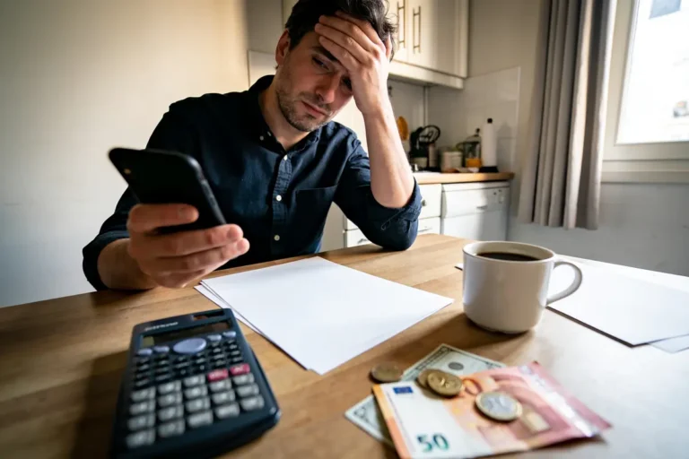 Homme stressé avec téléphone, calculatrice, argent et café à table, dans une cuisine.