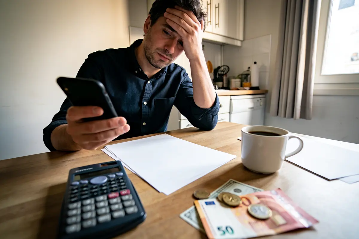 Homme stressé avec téléphone, calculatrice, argent et café à table, dans une cuisine.