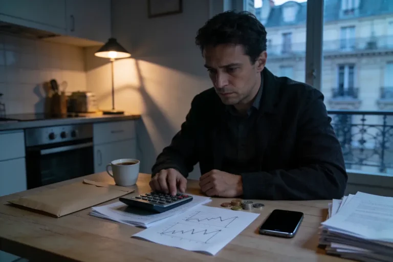 Un homme calcule des finances avec calculatrice, documents, pièces et téléphone sur une table.