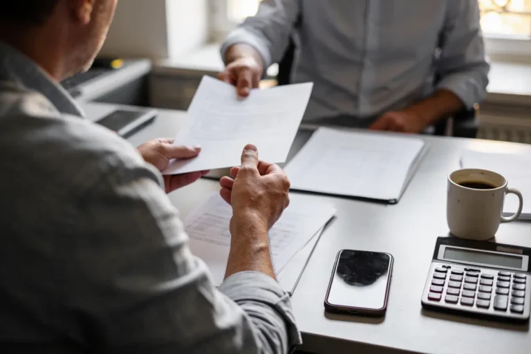 Deux personnes échangent un document sur un bureau avec téléphone, calculatrice et tasse de café.