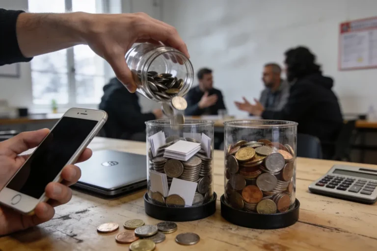 Un pot de pièces versé dans un bocal, téléphone et calculatrice à proximité.