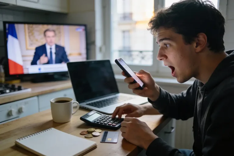 Un homme choqué vérifie son téléphone, calcule des finances, télévision allumée avec une figure politique en arrière-plan.