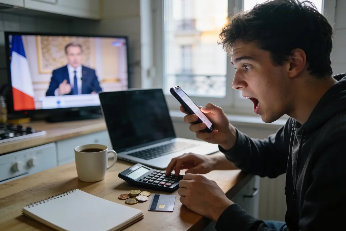 Un homme choqué vérifie son téléphone, calcule des finances, télévision allumée avec une figure politique en arrière-plan.