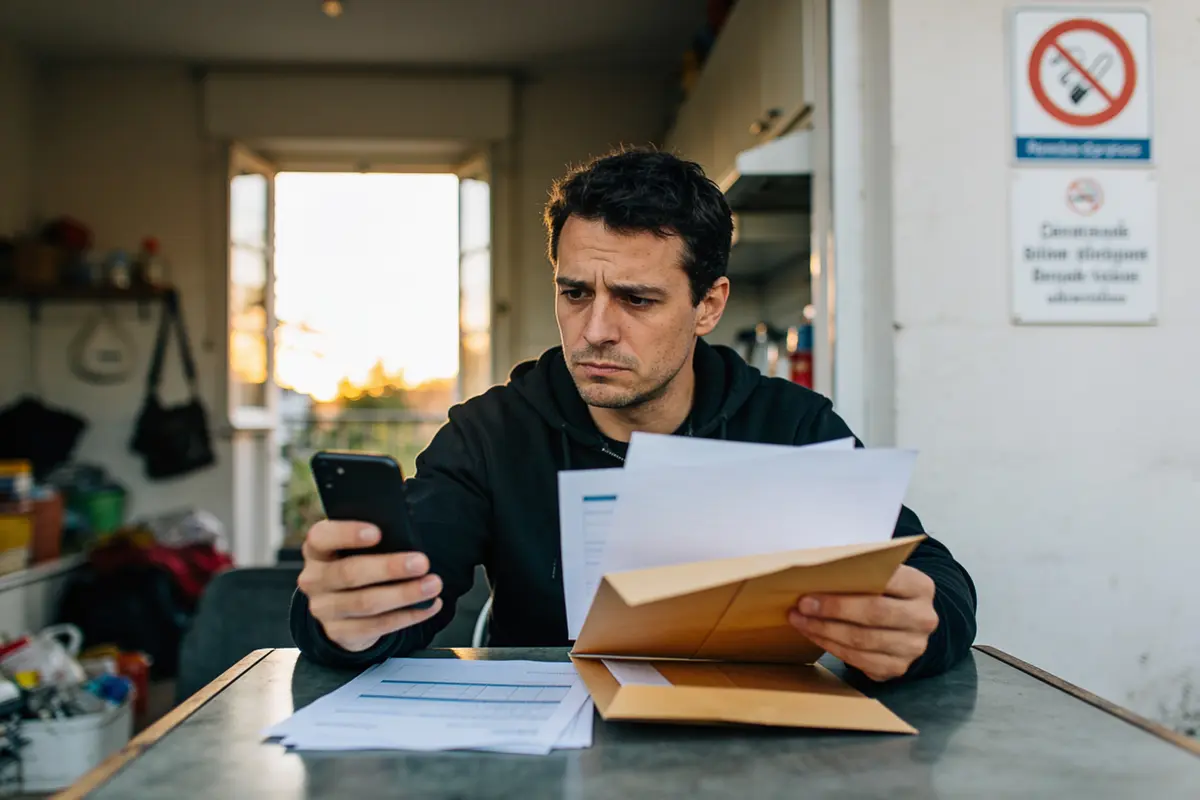 Homme concentré regardant son téléphone, tenant des documents, dans une pièce au coucher du soleil.
