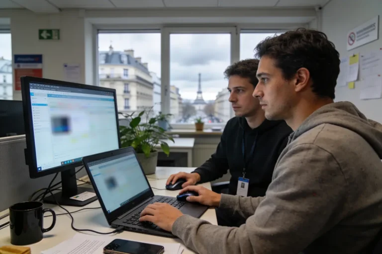Deux personnes travaillent à un bureau, utilisant ordinateur, devant fenêtre avec vue sur immeubles urbains.