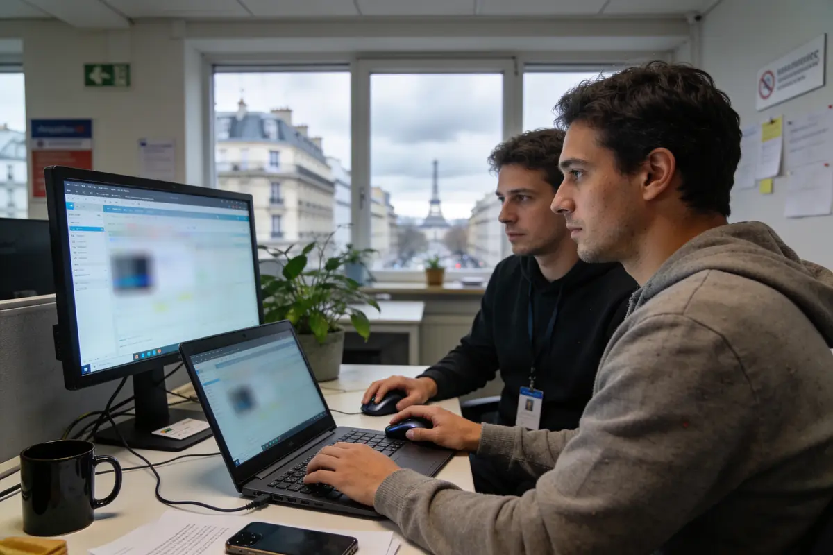 Deux personnes travaillent à un bureau, utilisant ordinateur, devant fenêtre avec vue sur immeubles urbains.