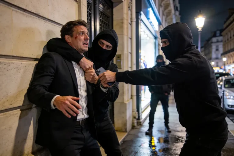 Un homme en costume attaqué par deux individus cagoulés dans une rue nocturne.