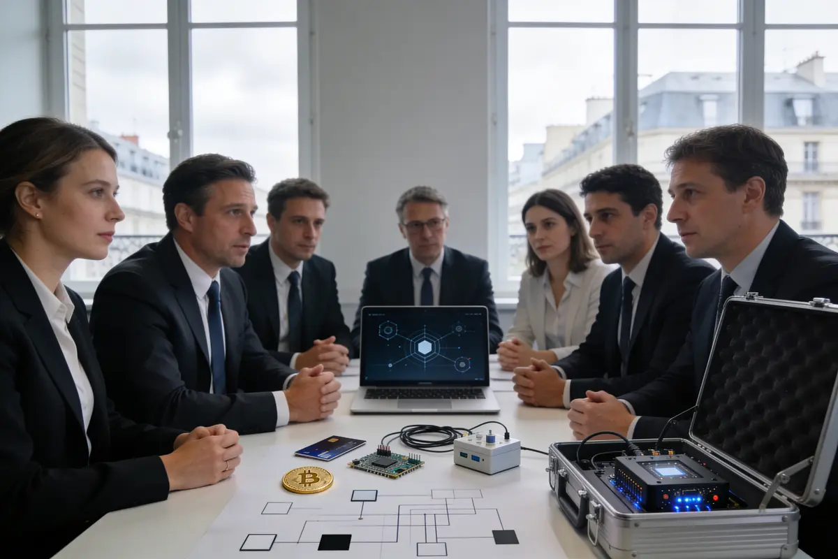 Réunion de personnes en costumes discutant de la technologie blockchain, entourées d'ordinateurs et de matériel de cryptomonnaie.