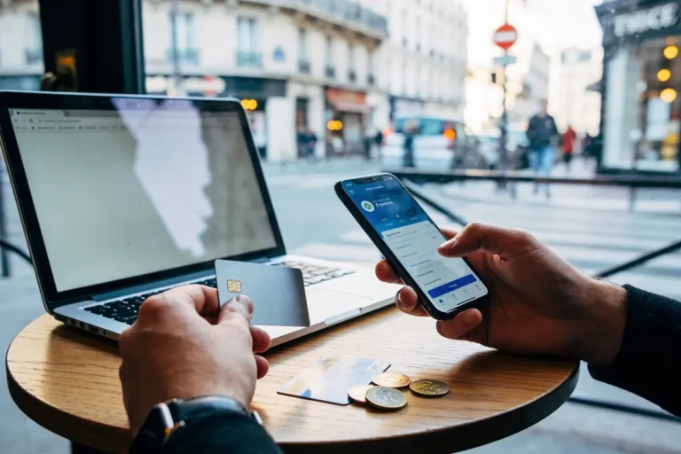 Une personne utilise un smartphone et une carte bancaire, avec un ordinateur portable sur une table.